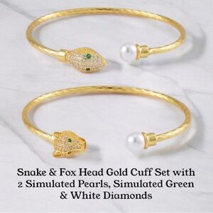 Snake & Fox Head Gold Cuffs / Simulated Pearls, Simulated Green & White Diamonds